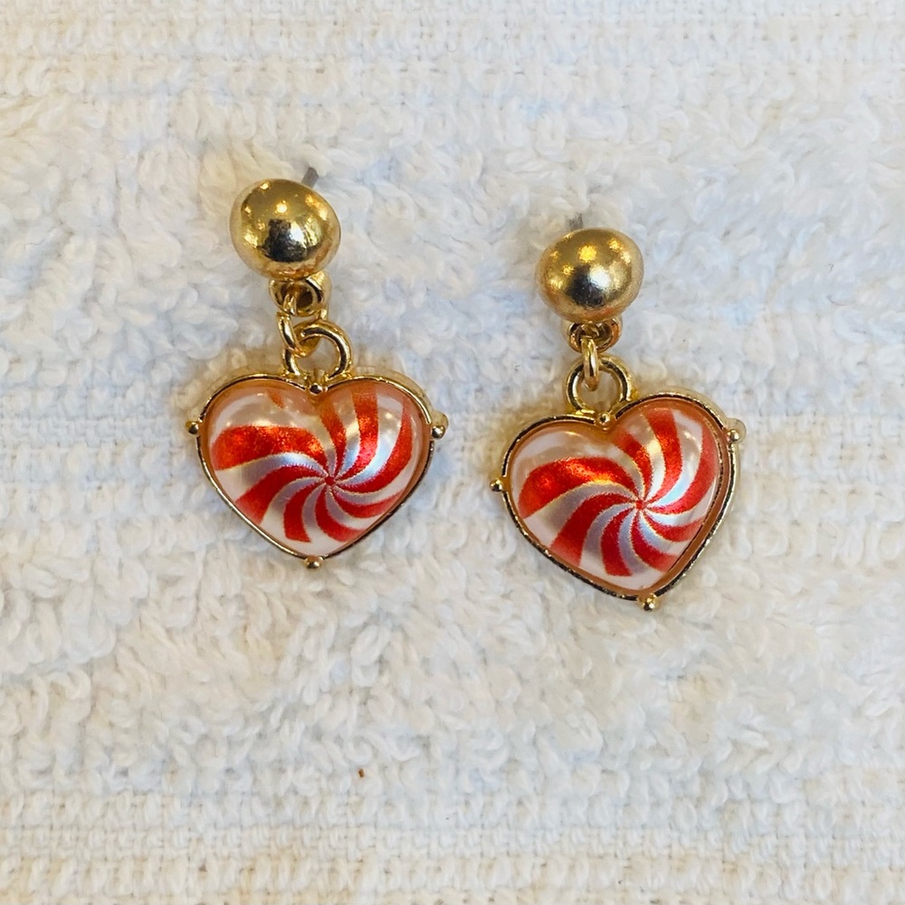 Hypoallergenic Gold Tone Candy Cane Swirl Heart Earrings Dainty Earrings